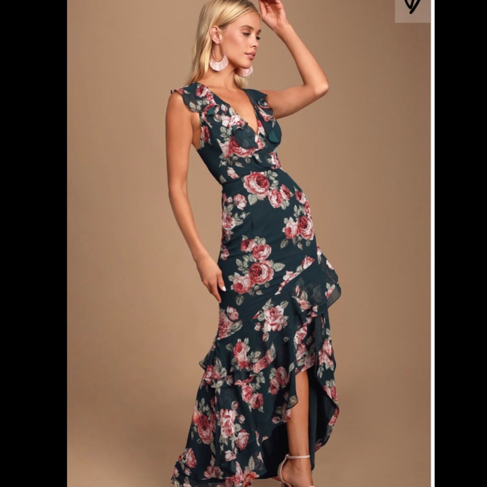 Lulus Dark Green Floral Print High-Low Maxi Dress